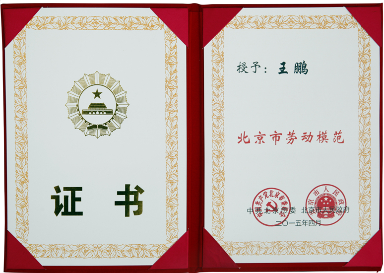 2015年4月北京市劳动模范证书